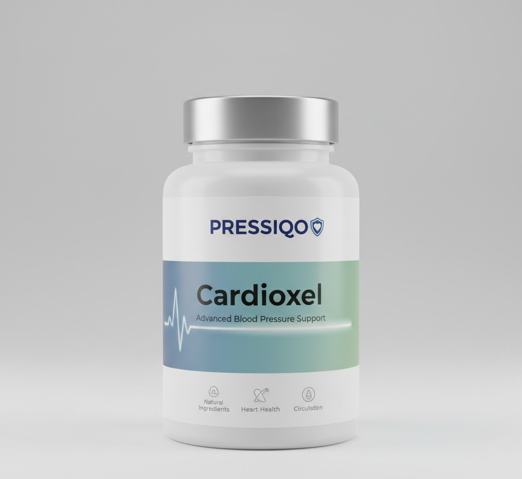 Professional photograph of Cardioxel dietary supplement bottle with dark blue and cranberry colors, surrounded by natural heart-healthy ingredients like hawthorn berries, garlic, and green leaves, shot in a clean medical setting with soft lighting